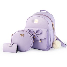 Aogist Mini Leather Backpack Purse 3-Pieces Fashion Bowknot Zipper Bags Cute Casual Travel Daypacks for Women (Purple)