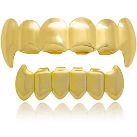 canjoyn 18k Gold Teeth Grillz Shiny Vampire Fangs Grillz 6 Teeth Top Bottom Set Grillz Hip Hop Teeth Grills+ Extra 2 Molding Bars