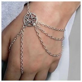 Allereyae Vintage Layered Finger Ring Bracelet Circle Star Bracelet Silver Slave Bracelet Hand Chain Punk Pentacle Star Slave Bracelet Hand Harness Chain Jewelry for Women