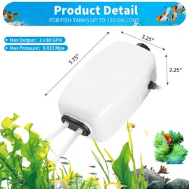 AQUANEAT Aquarium Air Pump, 150 Gals Fish Tank Air Bubbler, Adjustable Dual-Outlet Hydroponic Oxygen Aerator with Stones, Airline Tubing, Check Valves