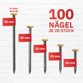 RIKAMA® 100 Picture Nails, Steel Nails for Use on Concrete, Brick, Plaster & Wood, Hardened Steel Nails as Picture Hanging, Made in Germany (Golden Head, Mix of 100)