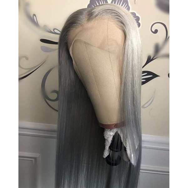 QD-Tizer Lace Front Wigs, Long Straight Hair Gray Color Glueless Heat Resistant Fiber Hair Synthetic Lace Front Wigs for Fashion Women