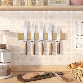 Magnetic Knife Holder for Wall, 16" Acacia Wood No Drill Knife Magnet Strip Use as Tool Key Storage Knife Bar, Powerful Wall Mounted Magnetic Knife Rack for Refrigerator & Kitchen Utensil Organizer