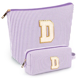 2 PCS Initial Makeup Bags for Women: Cosmetic Bag for Travel Toiletry - Birthday Gifts for 11 12 13 14 15 16 17 18 Years Old Girl Graduation Teacher Gift- Teen Girl Gifts Trendy Stuff - Purple D