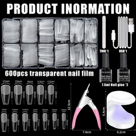 NINGESHOP 600 Pieces Fake Nails Tips Starter Set, Nail Tips and Glue Gel Kit, Soft Gel Full Cover Nail Tips, 12 Sizes Fake Nails Transparent, Gel x Nail Extension with Mini Nail Lamp, Nail Files