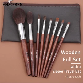 Natural horse hair make-up brush set by Luxury ENZO KEN, pony hair eyeshadow brush with handbag, horsehair brown eyeshadow brush set, contour and blusher brush travel sets for powder.