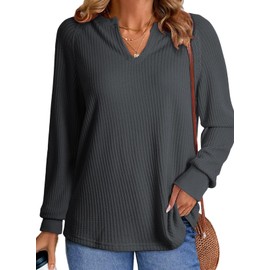 BLENCOT Long Sleeve Notched V Neck Shirts for Women Sweatshirts Lace Patchwork Waffle Knit Blouse Casual Loose Fit Fall Tops Dark Grey Medium