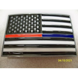 Unbranded Glossy,  U.S.A. Flag, Dual Blue + Red Line, Police + Fireman metal belt Buckle