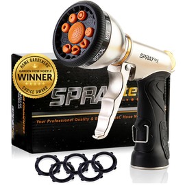 High Pressure Garden Hose Nozzle, Heavy Duty Metal Water Hose Sprayer with 9 Spray Patterns, Adjustable Flow Control & 5 Extra Washers for Watering Plants, Dog/Pet Bathing, Car Wash & Outdoor Cleaning