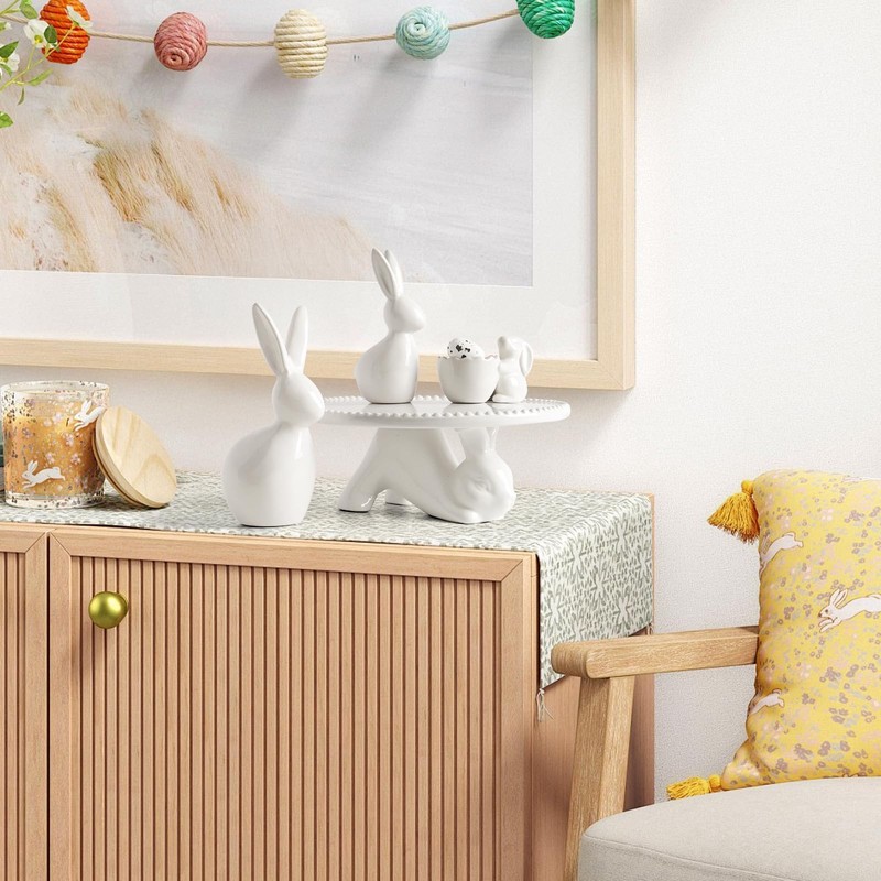 Pawliss Easter Decorations: Elegant White Ceramic Bunny Figurines Set of