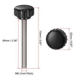 QUARKZMAN Pack of 6 Knurled Tension Knobs M6 x 60 mm Metric 304 Stainless Steel Male Thread Thumb Screw to Type 22 mm Plastic Round Head Thread Hand Stud Buttons Black