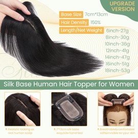 Hairro Clip in Hair Topper for Women with Bangs 100% Real Remy Human Hair Toppers 13 * 7cm Silk Base Hairpiece for Thinning Hair Cover Bald Hair Loss (10 inch, 1B Natural Black)