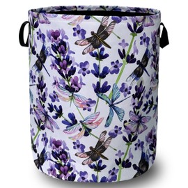 Dragonfly Laundry Basket Foldable With Handles Purple Floral Tote Bag Universal Oxford Cloth Colorful Laundry Hamper Clothes Storage Bucket Toy Organizer For Bathroom/Laundry/Bedroom 18.9" x 16.5 "