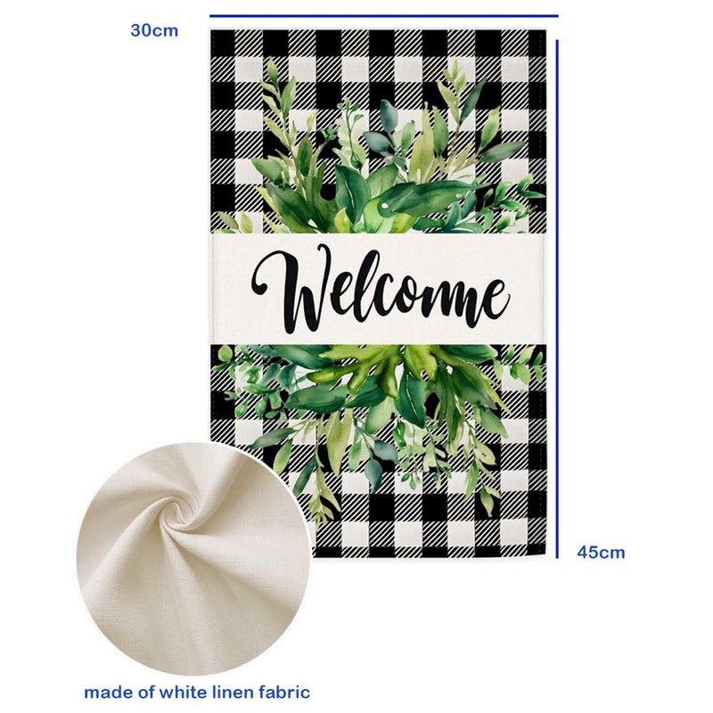 Black Plaid Welcome Linen Garden Flag,12x18 Inch Red Heart Eucalyptus
