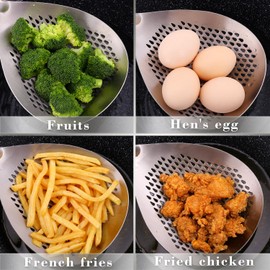 Large Slotted Spoon with Long Wooden Handle - Lyveit 16 Inch Deep Frying Scoop with Hanging Holes, 304 Stainless Steel Fryer Skimmer Spoons for Kitchen Cooking Frying Draining