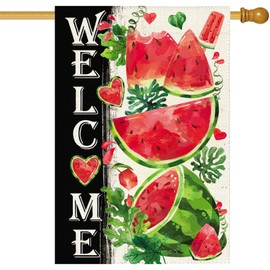Baccessor Spring Summer Watermelon Welcome House Flag 28 x 40 Inch Double Sided Burlap Hello Summer Fruit Cool Floral Seasonal Large Yard Flag Summer Holiday Seasonal Outdoor Outside Decoration