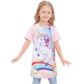 WERNNSAI Kids Aprons for Girls - Rainbow Unicorn Toddler Apron for Kids with Pocket Adjustable Strap Kids Art Smock for Kids Paint Apron(Extra Small, 2-5 Years)