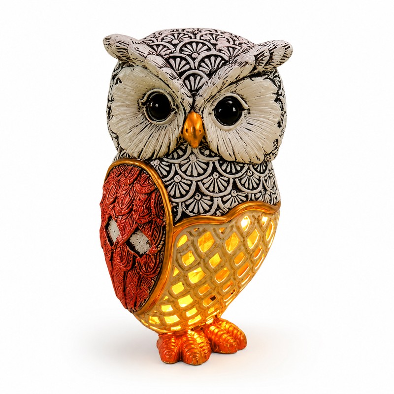 Solar Red Owl Statue Light for Garden Decor – Resin