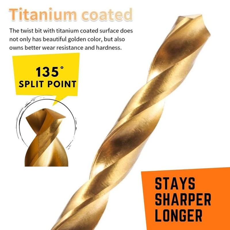 Metal Twist Drill Bit Set, Titanium Coated 4241 HSS 135°