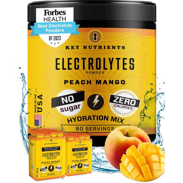 KEY NUTRIENTS Electrolytes Powder No Sugar - Tropical Peach-Mango Electrolyte Drink Mix - Hydration Powder - No Calories, Gluten Free - Powder and Packets (20, 40 or 90 Servings)