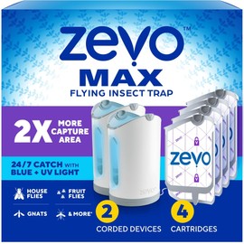 Zevo MAX Bug Catcher & Fly Trap for Indoors - Flying Insect Trap for Gnats, House & Fruit Flies - Use in Any Room - No-Mess Disposal (2 Plug in Bases & 4 Cartridges)