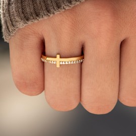 STORYJEWELLERY Gold Cross Rings for Women, 925 Sterling Silver Purity Ring with Cubic Zirconia, Dainty Christian Jewelry Non Tarnish, Confirmation and Baptism Gifts, Size 10