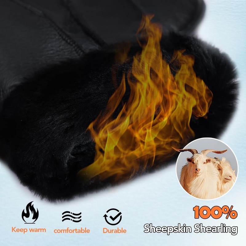 Men Winter Mittens Shearling Sheepskin Mittens Warm Fur Lined Mittens