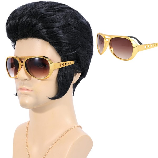 morvally 4pcs Set 50s Rocker Legend Wig for Men 60s Rock n Roll Singer Costume Cosplay Halloween Party Including Sunglasses