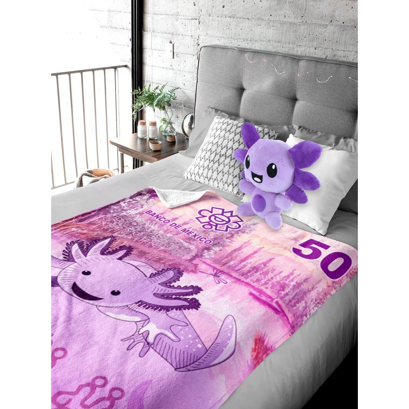 Frazada Ajolote y Peluche Cobija Billete $50 Polar Individual