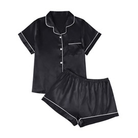 AUTOMET Women Silk Satin Summer Pajama Set Matching Lounge Pjs Soft 2 Piece Suit Ladies Button Down Tops and Shorts Black M