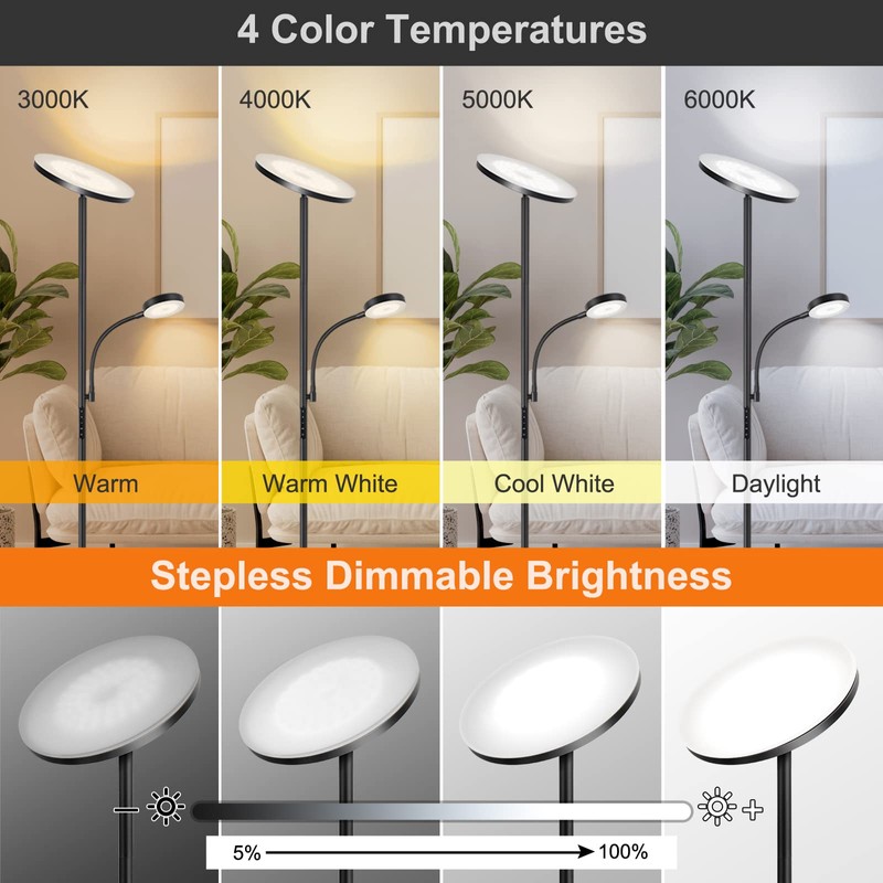 OUTON LED Floor Lamp, 27W/2400LM Modern Torchiere Lamp & 7W/