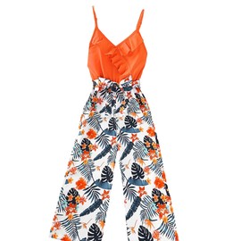 WDIRARA Girl's Tropical Print Ruffle Trim Wrap Front V Neck High Waist Belted Cami Jumpsuit Sleeveless Long Romper Tropical Orange 9Y