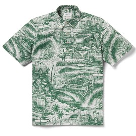 Reyn Spooner Woodies N' Waves Pullover Hawaiian Aloha Shirt, Eden, L
