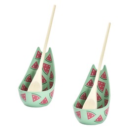 Temp-tations by Tara Standing Spoon Rest for Kitchen Counter with Wooden Spoons in Watermelon - Set of 4 Farmhouse Spoon Rests for Stove Top, Cottage Core Decor Kitchen Accessories for Countertop