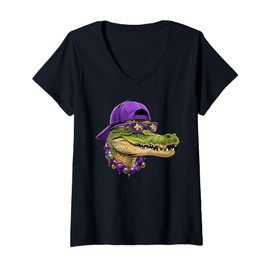 Womens Mardigator Mardi Gras Alligator Costume Men Women Mardi Gras V-Neck T-Shirt