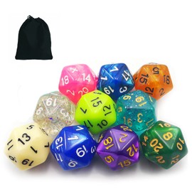 Bescon 10pcs Set of 20 Sided Dice (Number 1-20), 10 Count Assorted Random Multi Effected&Colored Pack of D20 in Drawstring Pouch