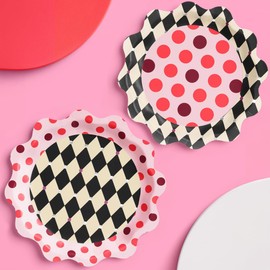 xo, Fetti Circus Paper Plates, Wavy Checkered + Polkadots - 24 pcs | Birthday Decorations, Carnival Magician Tableware, Kids Party Setting, Bday Clown Supplies