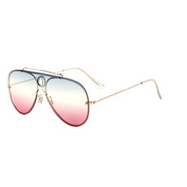 Rimless One Piece Shield Triple Oceanic Color Lens Aviator Sunglasses (Blue)