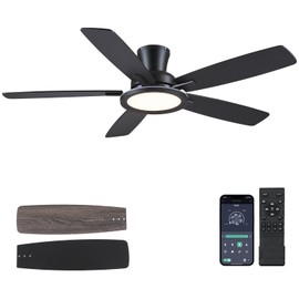 BYKISTOK 52" Flush Mount Ceiling Fan with Lights and Remote - Black Modern Ceiling Fan, Reversible and 5 Dual-Sided Blades, Low Profile Fan Light for Indoor Bedroom, Covered Patios