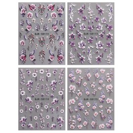 JMEOWIO 3D Embossed Flower Nail Art Stickers Decals Self-Adhesive 5D Spring Summer Floral Nail Supplies Nail Art Design Decoration Accessories 4 Sheets
