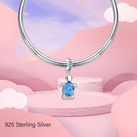 Amuefer Blue Tortoise Charms for Bracelets 925 Sterling Silver with Cubic Zirconia Dangle for Necklaces Spring Easter Christmas Jewelry Gifts for Women