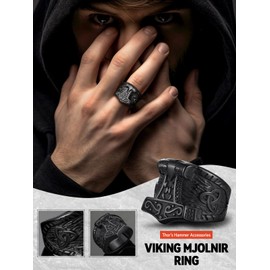 Black Large Man Biker Rings Norse Viking Thor Hammer Band Rings for Brother Size 13