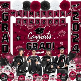 Graduation Party Decorations Maroon Class of 2024 Graduation Party Supplies Include Grad Backdrop, Banner, Porch Sign, Balloons, Foil Number 2024 for Congrats Grad Party Supplies