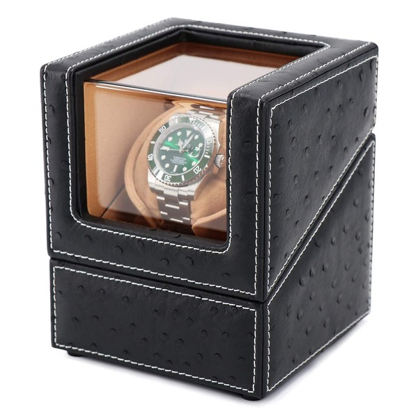 DRIKLUX Automatic Single Watch Winder for Rolex and Other Luxury Watches - Automatic Winder with Quiet Motor, Premium Black Ostrich Leather Exterior and Soft Flexible Watch Pillows of Camel Velvet