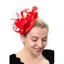 FELIZHOUSE Fascinator Hats Hat Tea Party Feather Hair Clip Bridal Headpieces Ascot Headband for Women (Red)