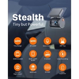 KAWA 2K Tiny Dash Cam, 1296P QHD Mini Car Camera DashCam - Voice Control, G -Sensor, Free 32GB TF Card, Built-in WiFi, APP Control, WDR/3D DNR with Super Night Vision, 24H Parking Mode