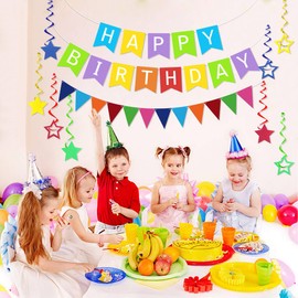 Colorful Happy Birthday Banner Multicolor Birthday Party Decorations Colorful Triangle Flag Bunting Banner Garland Star Hanging Swirls Rainbow Birthdays Party Supplies for Kids Boys Girls Men Women