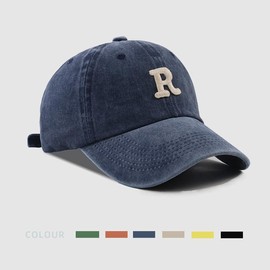 R Letter Embroidery Baseball Cap Vintage Washed Cotton Men Women Snapback Hat Casual Adjustable Unisex Duck Tongue Caps - Colour: navy, Size: Adjustable