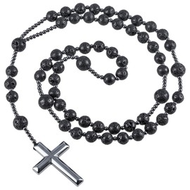KYEYGWO Hematite Long Beaded Cross Necklace for Men Women, Catholic Rosary Necklace for Faith Prayer Protection, Lava rock