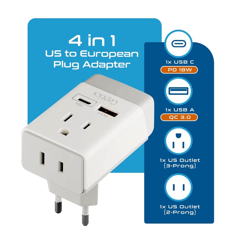 Ceptics 2 Pack European Travel Plug Adapter, US to Europe